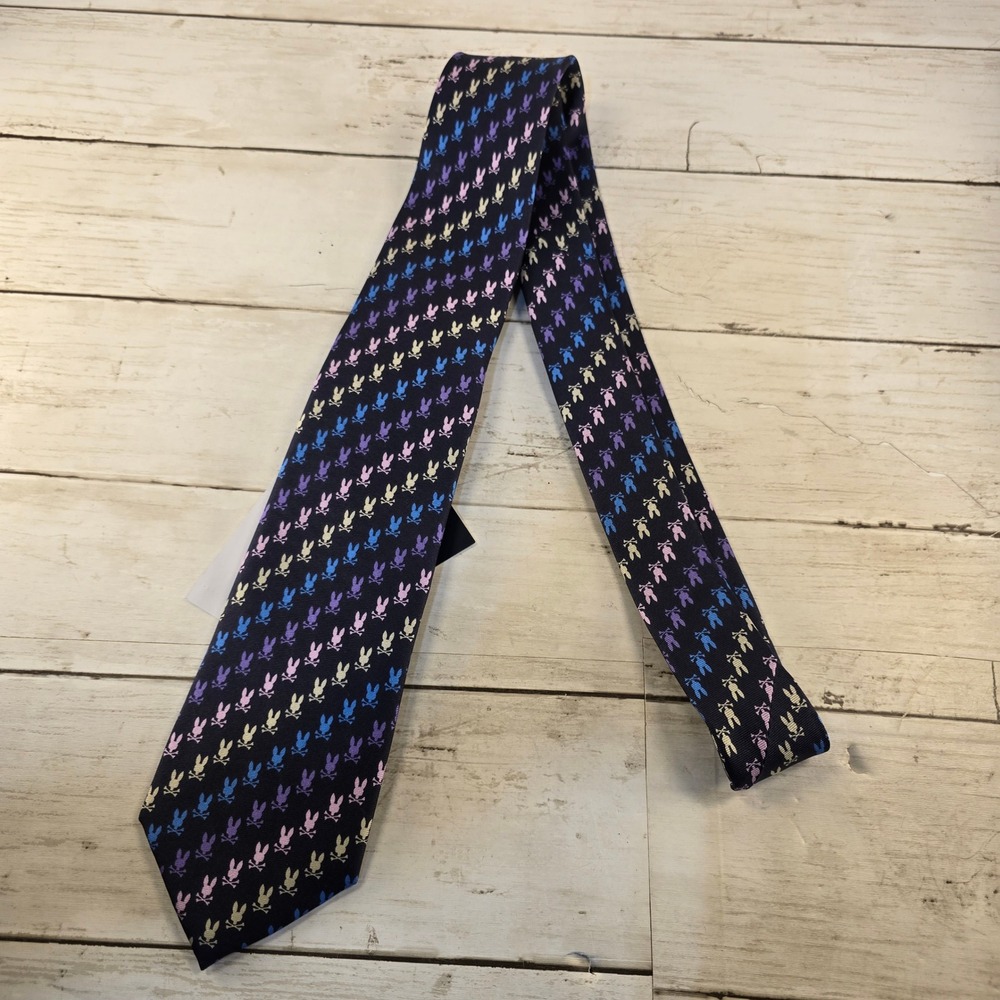 Psycho Bunny Mens Silk Necktie Lavender Multi Logo Bunny Crossbones MO1700036
